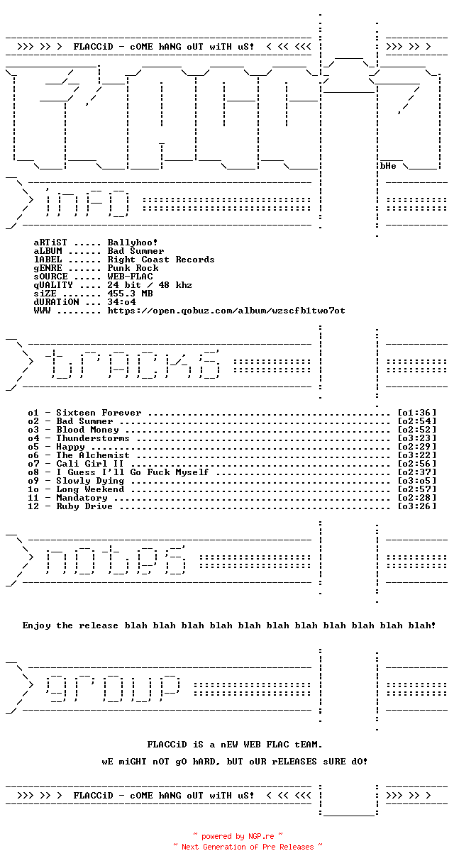 NFO for the release Ballyhoo-Bad_Summer-24BIT-48KHZ-WEB-FLAC-2026-FLACCiD by FLACCiD