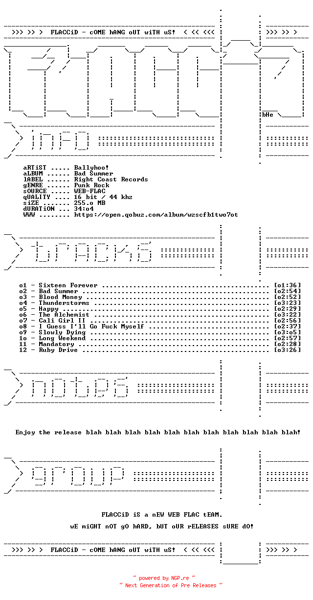 NFO for the release Ballyhoo-Bad_Summer-16BIT-WEB-FLAC-2026-FLACCiD by FLACCiD