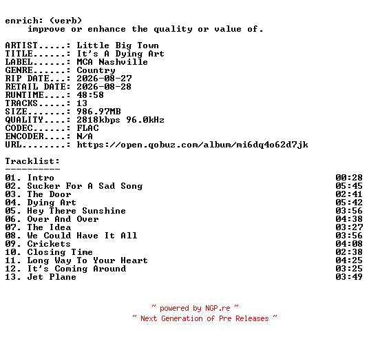 NFO for the release Little_Big_Town-Its_A_Dying_Art-24BIT-WEB-FLAC-2026-ENRiCH by ENRiCH
