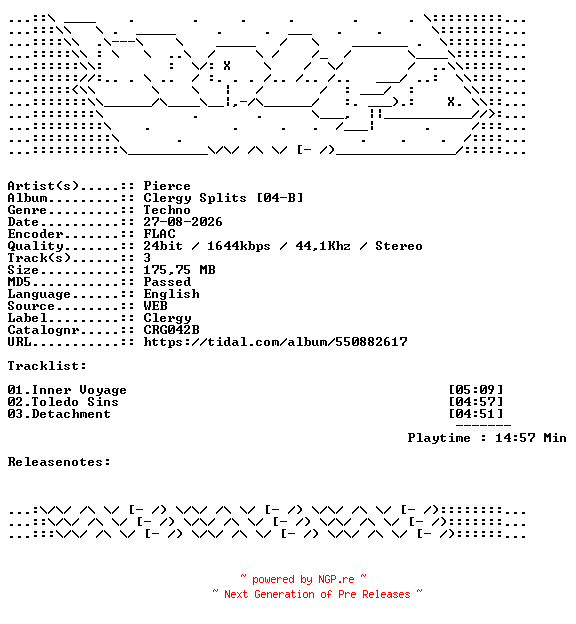 NFO for the release Pierce-Clergy_Splits_04-B-CRG042B-24BIT-WEB-FLAC-2026-WAVED by WAVED