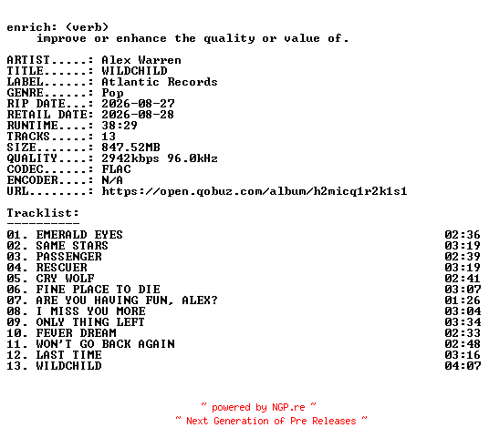 NFO for the release Alex_Warren-WILDCHILD-24BIT-WEB-FLAC-2026-ENRiCH by ENRiCH