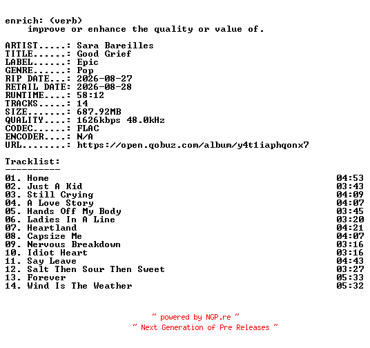 NFO for the release Sara_Bareilles-Good_Grief-24BIT-WEB-FLAC-2026-ENRiCH by ENRiCH