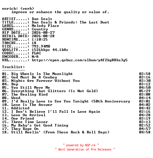 NFO for the release Dan_Seals-Dan_Seals_and_Friends_The_Last_Duet-24BIT-WEB-FLAC-2026-ENRiCH by ENRiCH