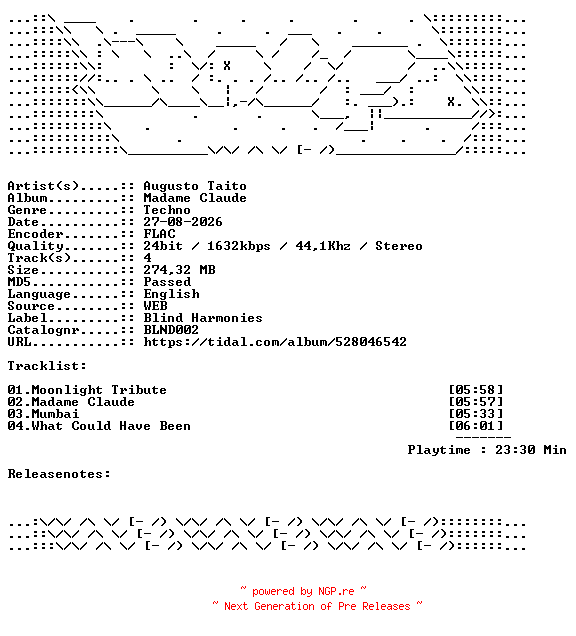 NFO for the release Augusto_Taito-Madame_Claude-BLND002-24BIT-WEB-FLAC-2026-WAVED by WAVED