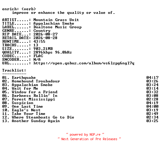 NFO for the release Mountain_Grass_Unit-Appalachian_Smoke-24BIT-WEB-FLAC-2026-ENRiCH by ENRiCH