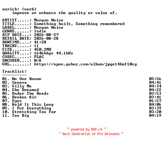 NFO for the release Morgan_Noise-Something_built_Something_remembered-24BIT-WEB-FLAC-2026-ENRiCH by ENRiCH
