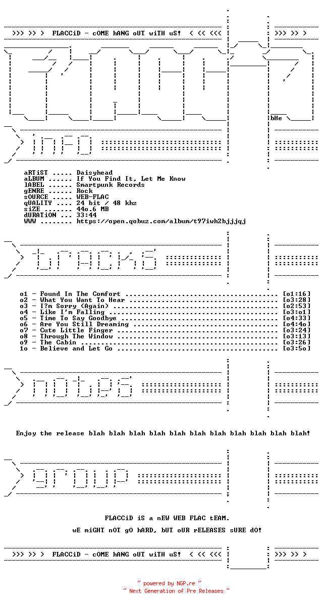 NFO for the release Daisyhead-If_You_Find_It_Let_Me_Know-24BIT-48KHZ-WEB-FLAC-2026-FLACCiD by FLACCiD