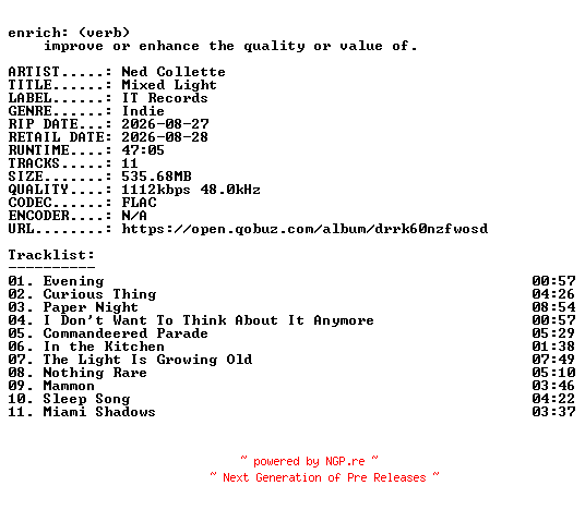 NFO for the release Ned_Collette-Mixed_Light-24BIT-WEB-FLAC-2026-ENRiCH by ENRiCH