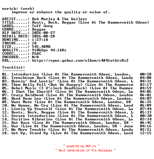 NFO for the release Bob_Marley_and_The_Wailers-Roots_Rock_Reggae_(Live_At_The_Hammersmith_Odeon)-16BIT-WEB-FLAC-2026-ENRiCH by ENRiCH