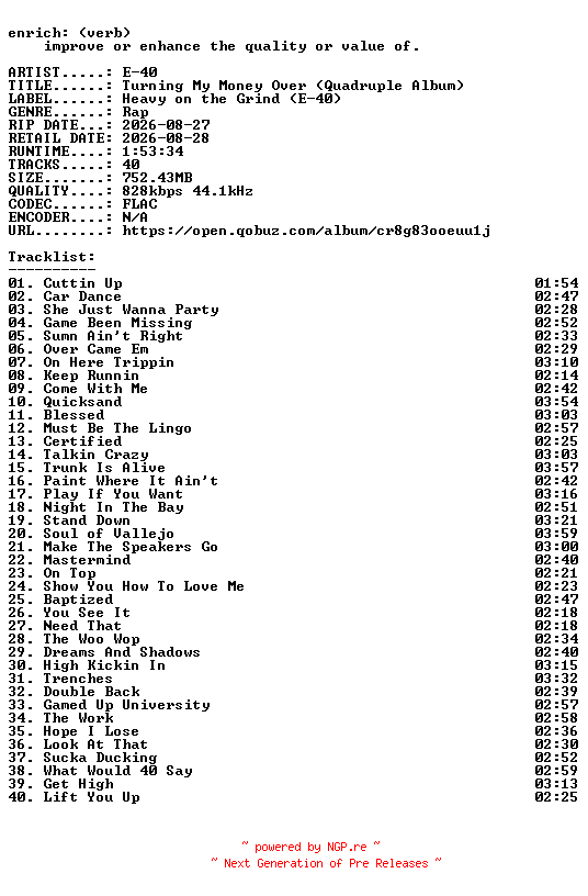 NFO for the release E-40-Turning_My_Money_Over_(Quadruple_Album)-16BIT-WEB-FLAC-2026-ENRiCH by ENRiCH