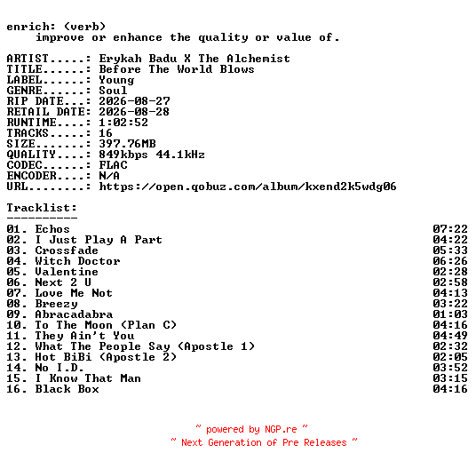 NFO for the release Erykah_Badu_X_The_Alchemist-Before_The_World_Blows-16BIT-WEB-FLAC-2026-ENRiCH by ENRiCH