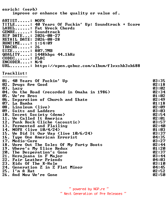 NFO for the release NOFX-40_Years_Of_Fuckin_Up_Soundtrack__Score-OST-24BIT-WEB-FLAC-2026-ENRiCH by ENRiCH