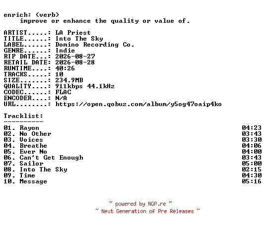 NFO for the release LA_Priest-Into_The_Sky-16BIT-WEB-FLAC-2026-ENRiCH by ENRiCH