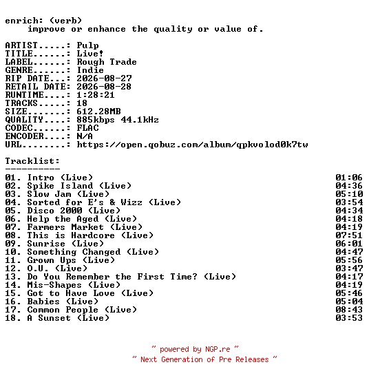 NFO for the release Pulp-Live-16BIT-WEB-FLAC-2026-ENRiCH by ENRiCH