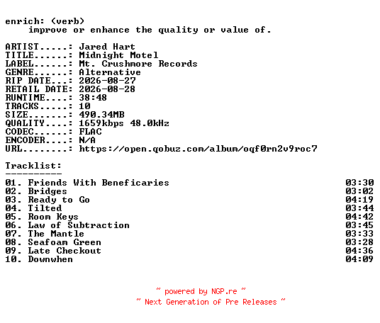 NFO for the release Jared_Hart-Midnight_Motel-24BIT-WEB-FLAC-2026-ENRiCH by ENRiCH