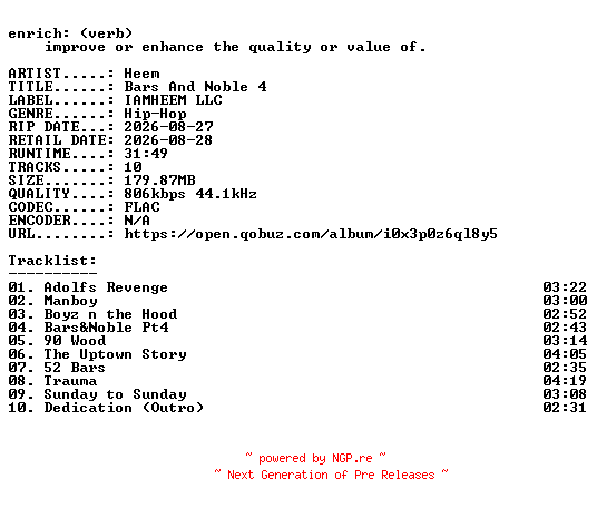 NFO for the release Heem-Bars_And_Noble_4-16BIT-WEB-FLAC-2026-ENRiCH by ENRiCH