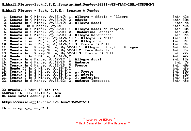 NFO for the release Mikhail_Pletnev-Bach_C.P.E._Sonatas_And_Rondos-16BIT-WEB-FLAC-2001-SYMPHONY by SYMPHONY