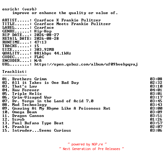 NFO for the release Czarface_X_Frankie_Pulitzer-Czarface_Meets_Frankie_Pulitzer-16BIT-WEB-FLAC-2026-ENRiCH by ENRiCH