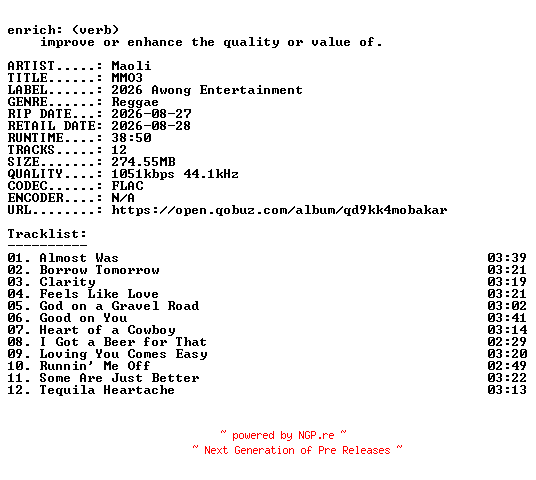NFO for the release Maoli-MMO3-16BIT-WEB-FLAC-2026-ENRiCH by ENRiCH