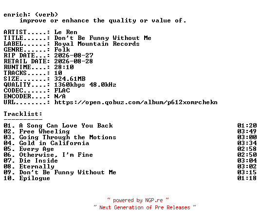 NFO for the release Le_Ren-Dont_Be_Funny_Without_Me-24BIT-WEB-FLAC-2026-ENRiCH by ENRiCH