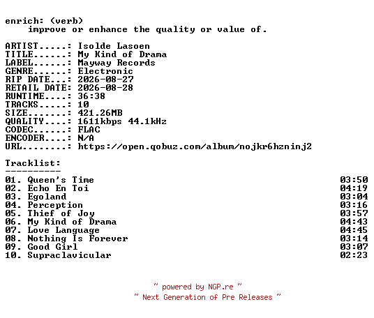 NFO for the release Isolde_Lasoen-My_Kind_of_Drama-24BIT-WEB-FLAC-2026-ENRiCH by ENRiCH