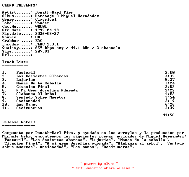 NFO for the release Donath-Karl_Pirs-Homenaje_A_Miguel_Hernandez-(WR001)-ES-CD-FLAC-1992-CEBAD by CEBAD