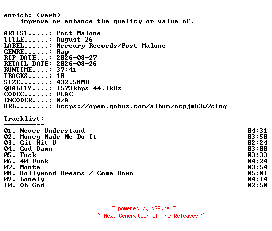 NFO for the release Post_Malone-August_26-REISSUE-24BIT-WEB-FLAC-2026-ENRiCH by ENRiCH
