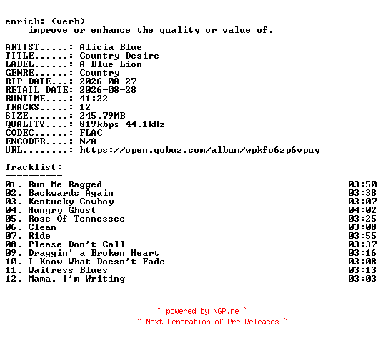 NFO for the release Alicia_Blue-Country_Desire-16BIT-WEB-FLAC-2026-ENRiCH by ENRiCH