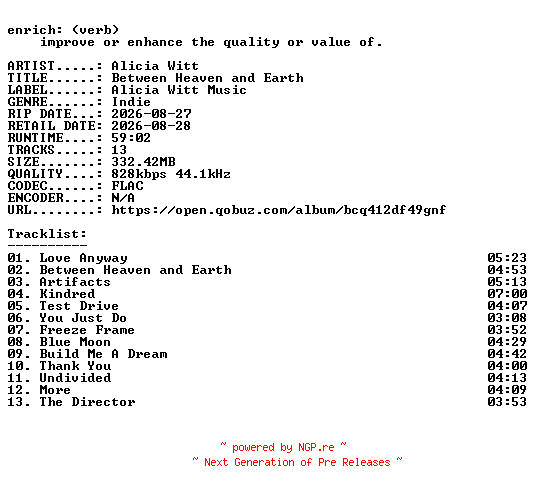 NFO for the release Alicia_Witt-Between_Heaven_and_Earth-16BIT-WEB-FLAC-2026-ENRiCH by ENRiCH