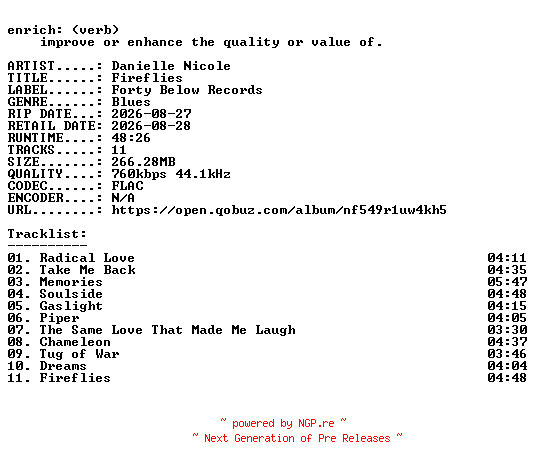 NFO for the release Danielle_Nicole-Fireflies-16BIT-WEB-FLAC-2026-ENRiCH by ENRiCH