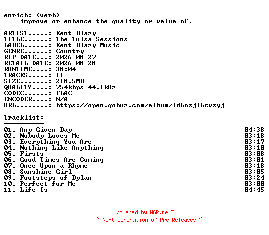 NFO for the release Kent_Blazy-The_Tulsa_Sessions-16BIT-WEB-FLAC-2026-ENRiCH by ENRiCH