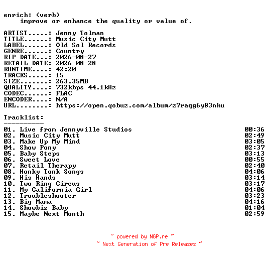 NFO for the release Jenny_Tolman-Music_City_Mutt-16BIT-WEB-FLAC-2026-ENRiCH by ENRiCH