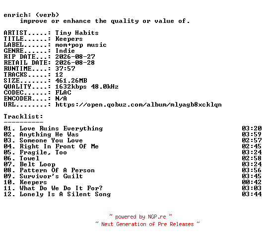 NFO for the release Tiny_Habits-Keepers-24BIT-WEB-FLAC-2026-ENRiCH by ENRiCH