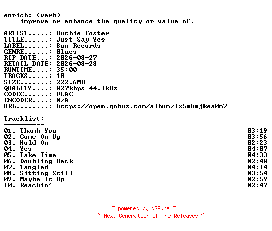 NFO for the release Ruthie_Foster-Just_Say_Yes-16BIT-WEB-FLAC-2026-ENRiCH by ENRiCH