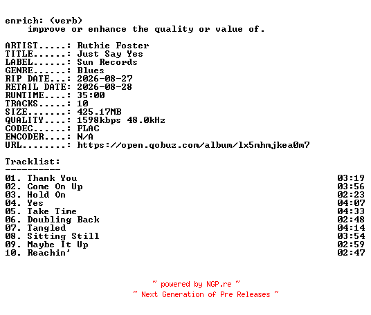 NFO for the release Ruthie_Foster-Just_Say_Yes-24BIT-WEB-FLAC-2026-ENRiCH by ENRiCH