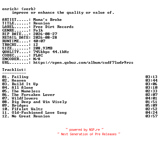 NFO for the release Mamas_Broke-Reunion-16BIT-WEB-FLAC-2026-ENRiCH by ENRiCH