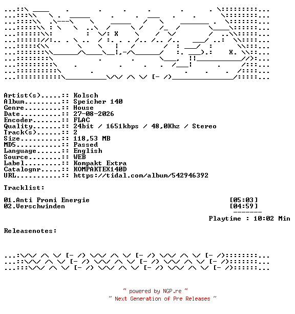 NFO for the release Kolsch-Speicher_140-KOMPAKTEX140D-24BIT-WEB-FLAC-2026-WAVED by WAVED