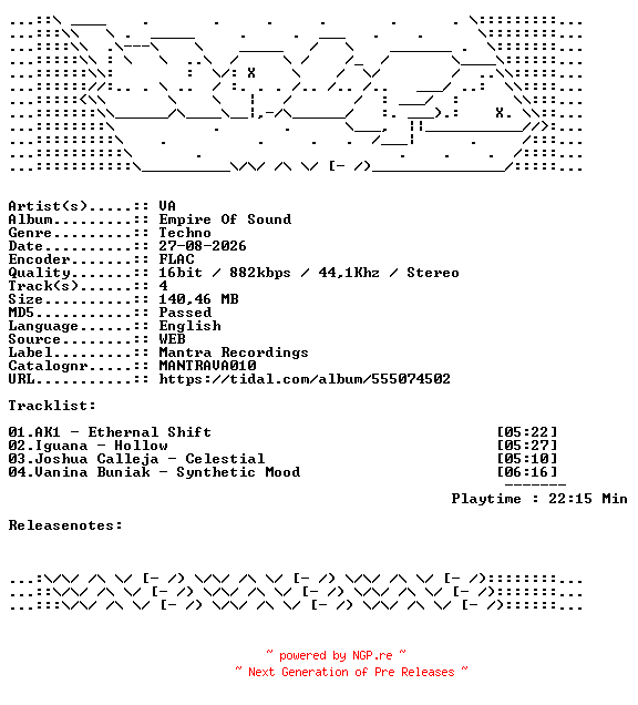 NFO for the release VA-Empire_Of_Sound-MANTRAVA010-16BIT-WEB-FLAC-2026-WAVED by WAVED