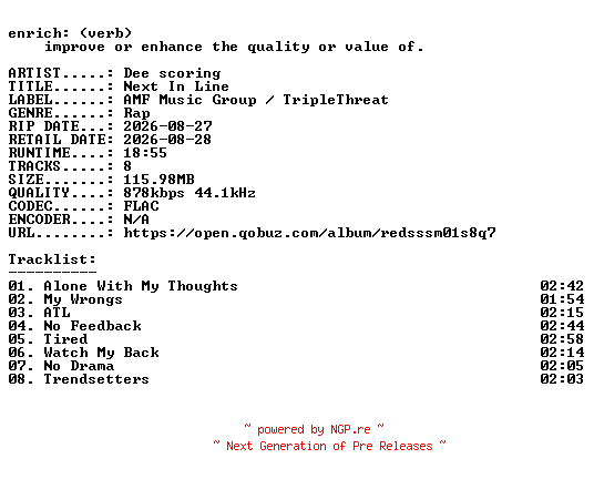 NFO for the release Dee_scoring-Next_In_Line-EP-16BIT-WEB-FLAC-2026-ENRiCH by ENRiCH