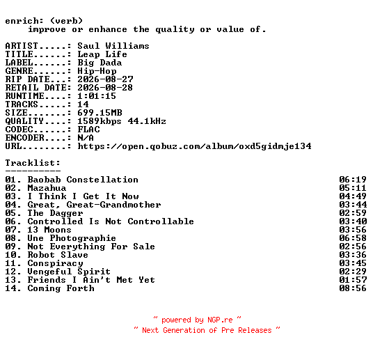 NFO for the release Saul_Williams-Leap_Life-24BIT-WEB-FLAC-2026-ENRiCH by ENRiCH
