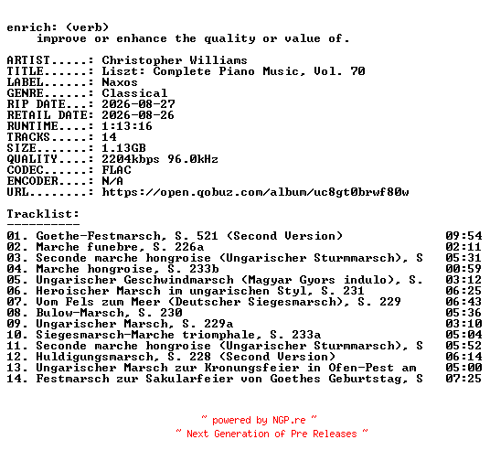 NFO for the release Christopher_Williams-Liszt_Complete_Piano_Music_Vol._70-24BIT-WEB-FLAC-2026-ENRiCH by ENRiCH