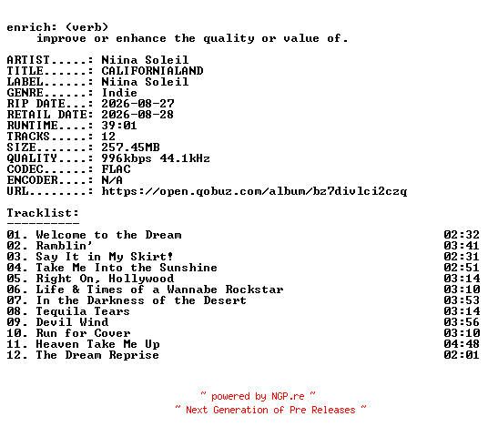 NFO for the release Niina_Soleil-CALIFORNIALAND-16BIT-WEB-FLAC-2026-ENRiCH by ENRiCH
