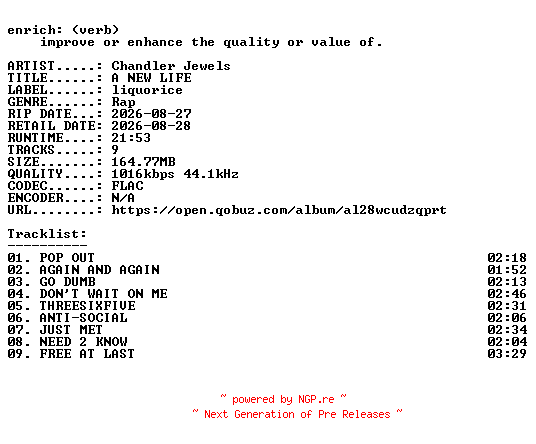 NFO for the release Chandler_Jewels-A_NEW_LIFE-16BIT-WEB-FLAC-2026-ENRiCH by ENRiCH