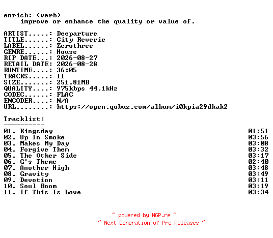NFO for the release Deeparture-City_Reverie-16BIT-WEB-FLAC-2026-ENRiCH by ENRiCH