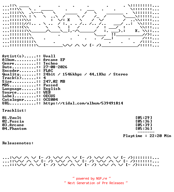 NFO for the release Uvall-Arcane_EP-OCS004-24BIT-WEB-FLAC-2026-WAVED by WAVED