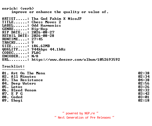 NFO for the release Tha_God_Fahim_X_NicoJP-Chess_Moves_2-16BIT-WEB-FLAC-2026-ENRiCH by ENRiCH