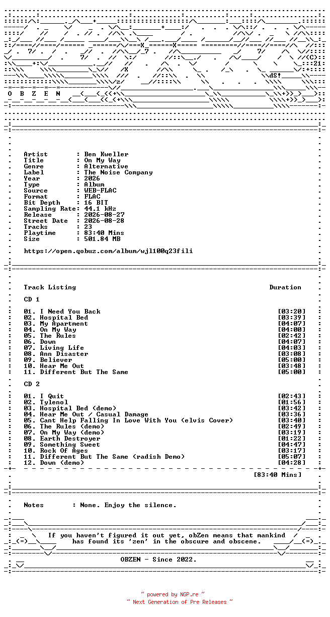 NFO for the release Ben_Kweller-On_My_Way-DELUXE_EDITION-16BIT-WEB-FLAC-2026-OBZEN by OBZEN