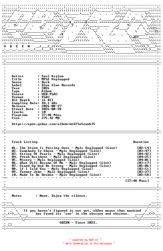NFO for the release Soul_Asylum-MPLS_Unplugged-16BIT-WEB-FLAC-2026-OBZEN by OBZEN