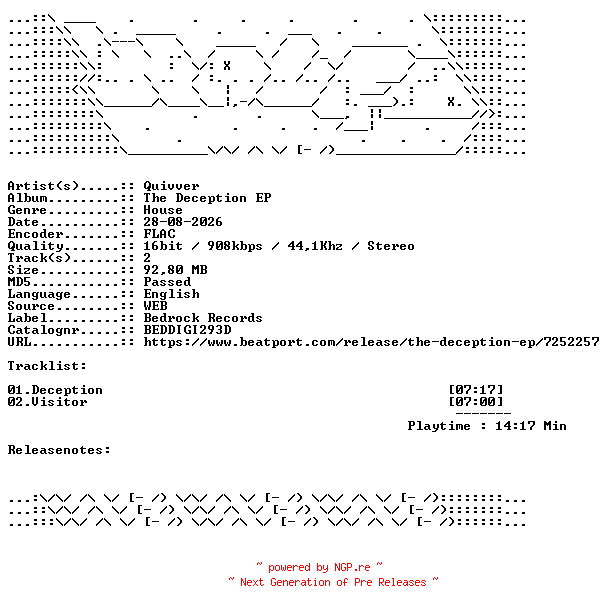 NFO for the release Quivver-The_Deception_EP-BEDDIGI293D-16BIT-WEB-FLAC-2026-WAVED by WAVED