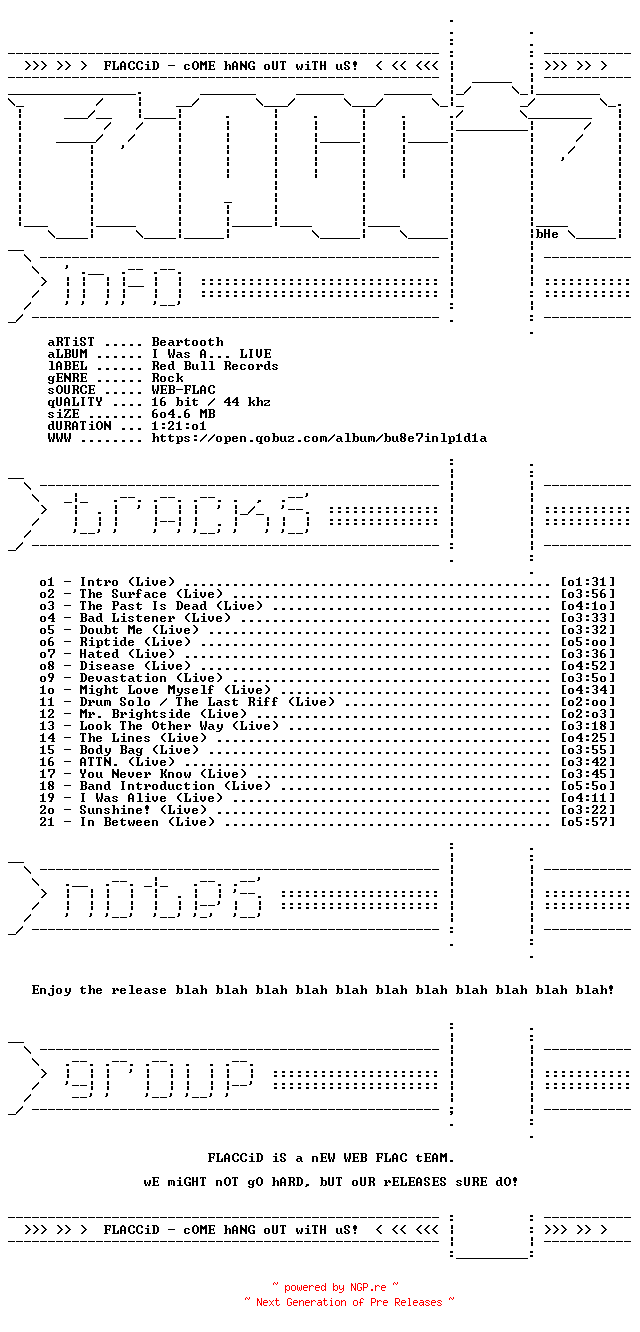 NFO for the release Beartooth-I_Was_A_LIVE-16BIT-WEB-FLAC-2025-FLACCiD by FLACCiD